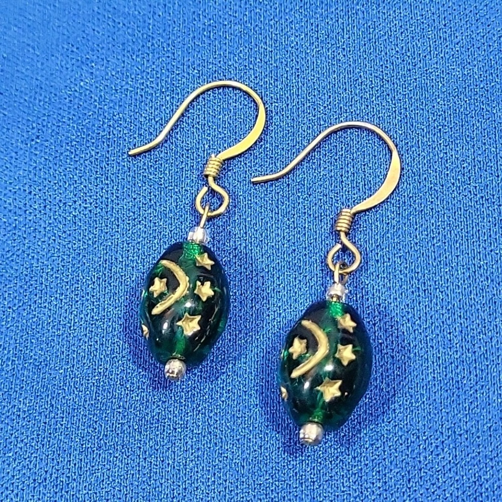Glass Beaded Earrings Etched Stars Moons Green Dangle Hooks